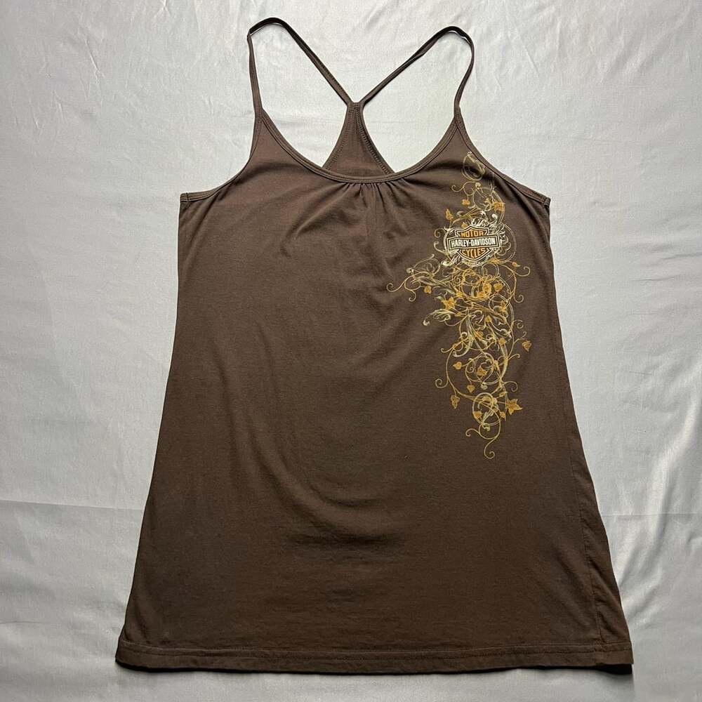 Harley Davidson Brown Racerback Tank Top With Floral Scroll Graphics Y2K biker